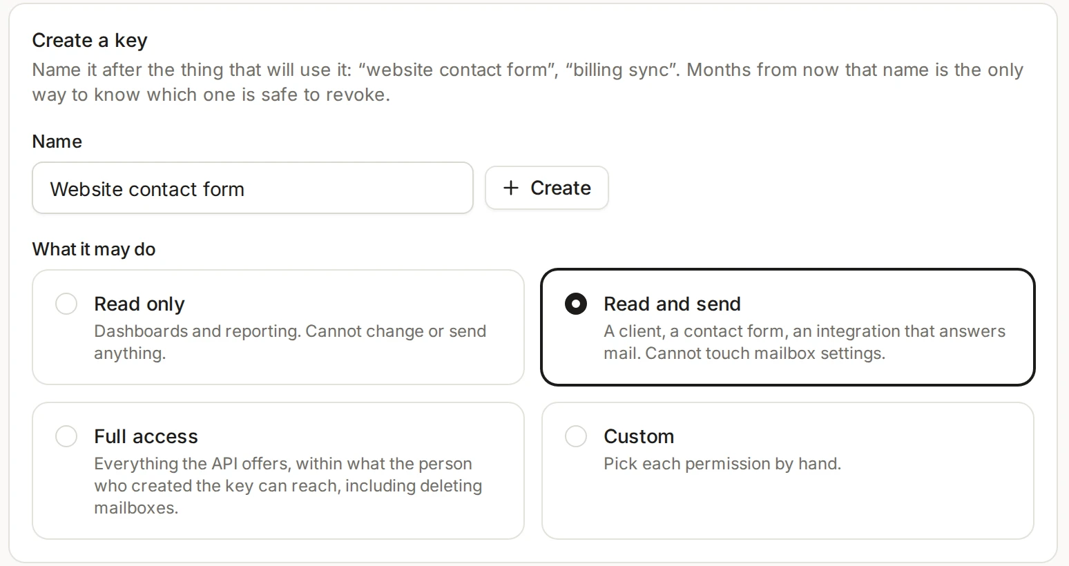The Create a key form with the name Website contact form entered and the Read and send permission preset selected.