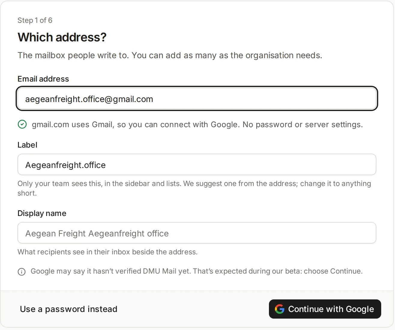 The first step of Add a mailbox with a Gmail address typed in, showing the note about connecting with Google and the Continue with Google button.