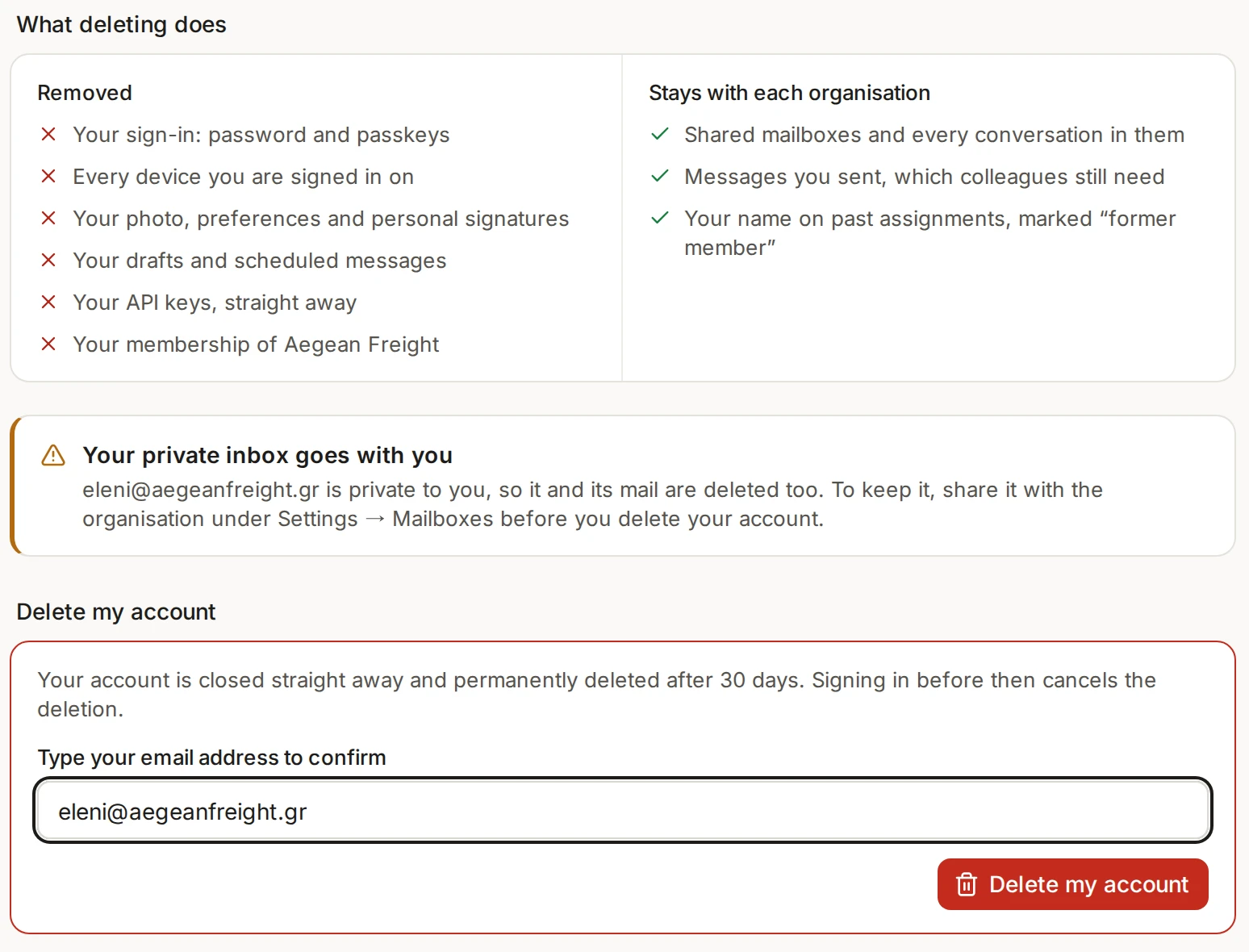 The Deletion tab showing What deleting does, the private inbox warning, and the email address typed into the confirmation field above the Delete my account button.