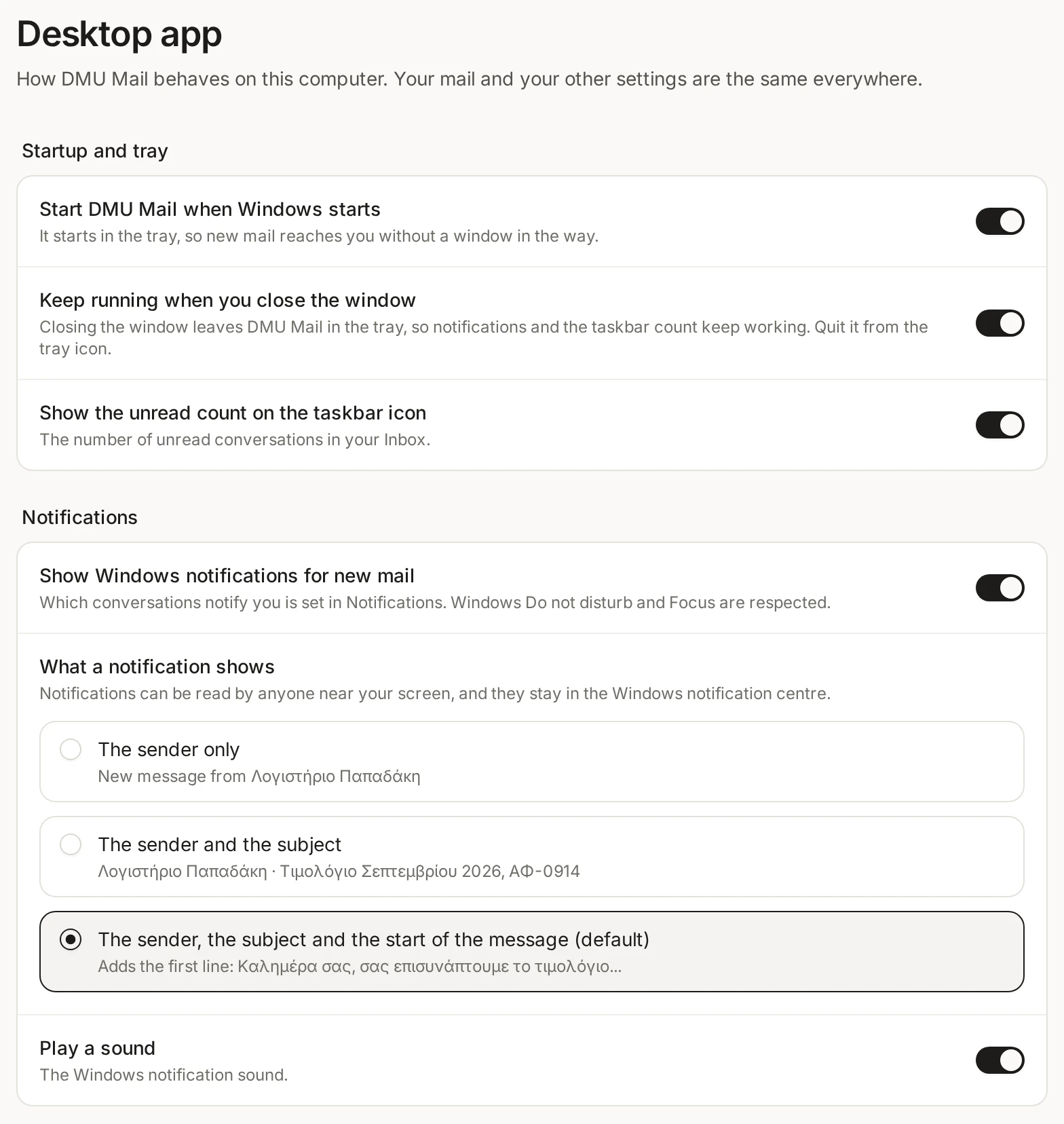 Settings, Desktop app, with the startup and tray switches and the choice of what a Windows notification shows.