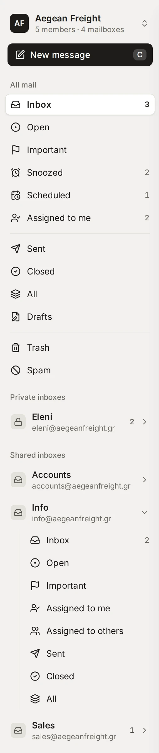 The sidebar with All mail, the private inbox Eleni and the shared inboxes Accounts, Info and Sales, with Info expanded to show its views.