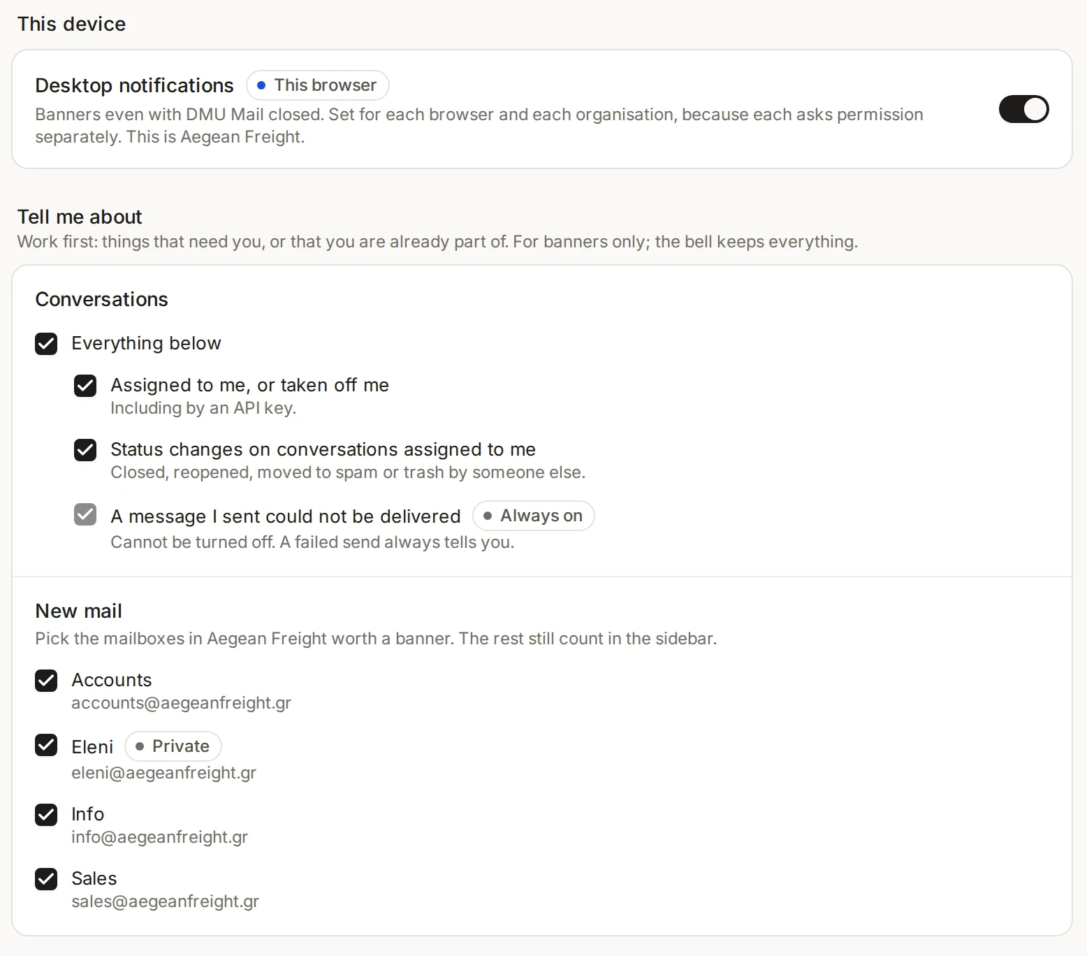 Settings, Notifications, with the Desktop notifications switch turned on and the Tell me about choices for conversations and new mail.