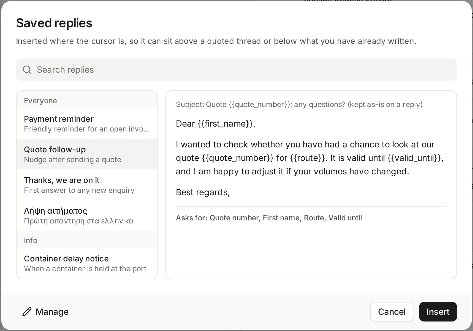 The Saved replies dialog with a list of replies on the left and a preview of the selected reply beside it.