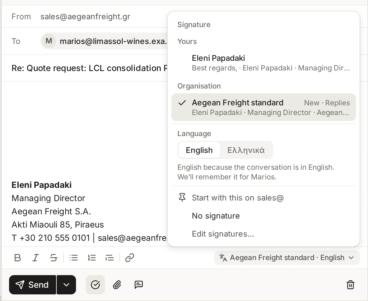 The lower part of the reply composer with the signature menu open, listing signatures by group and the English and Greek language switch.