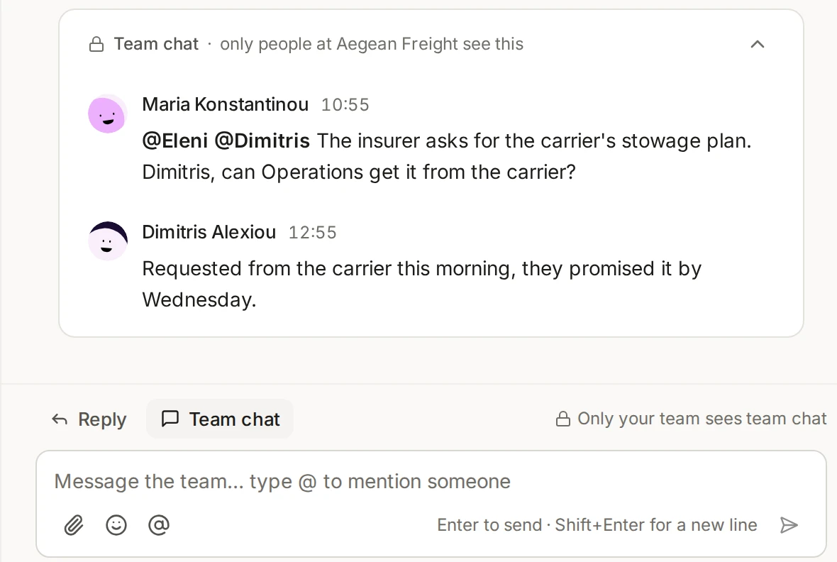 The Team chat tab under a conversation, with a message from Maria that mentions Eleni and Dimitris, Dimitris replying, and the message box below.