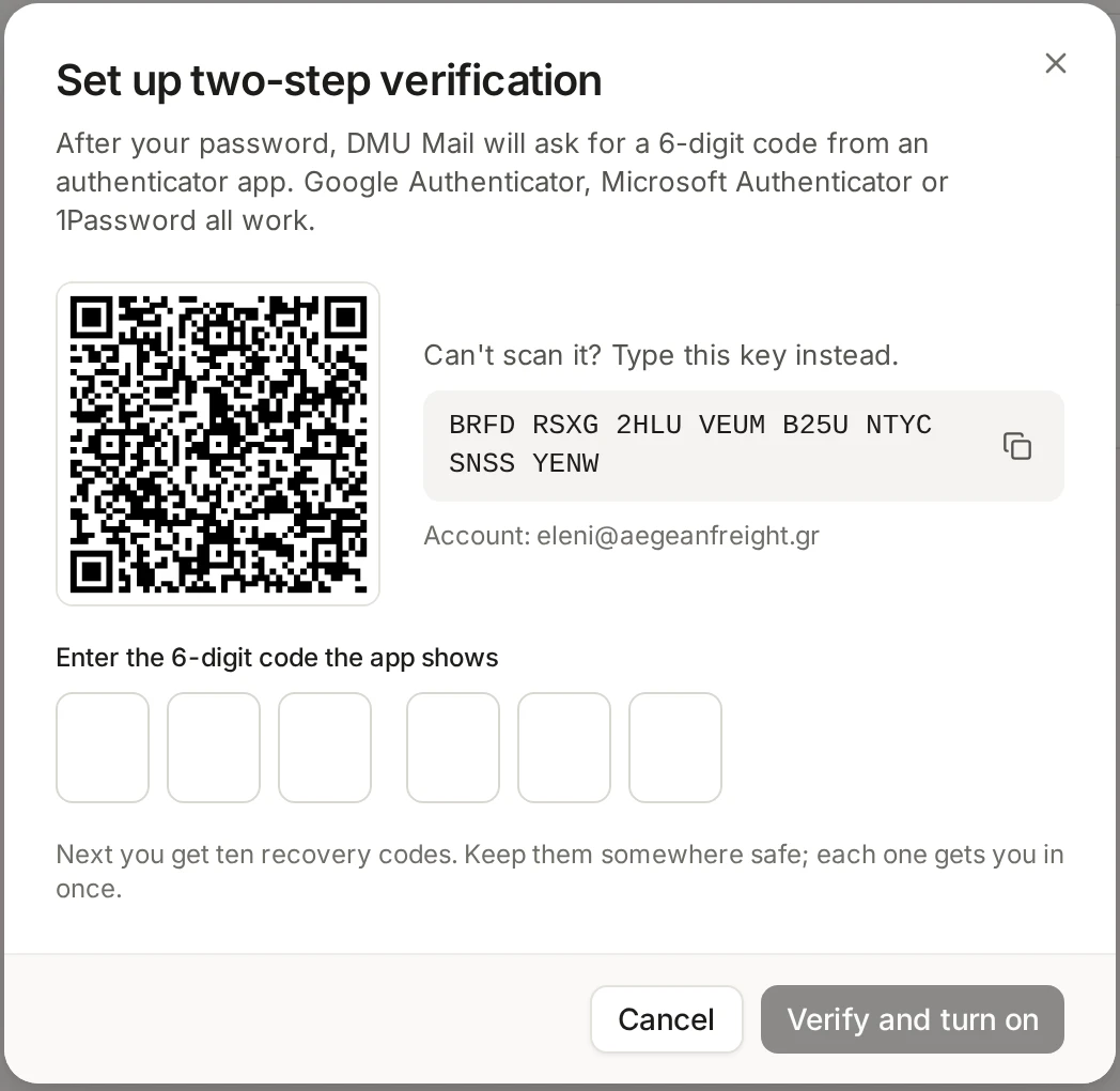 The Set up two-step verification dialog showing a QR code, a text key for typing instead, and six boxes for the code from the authenticator app.