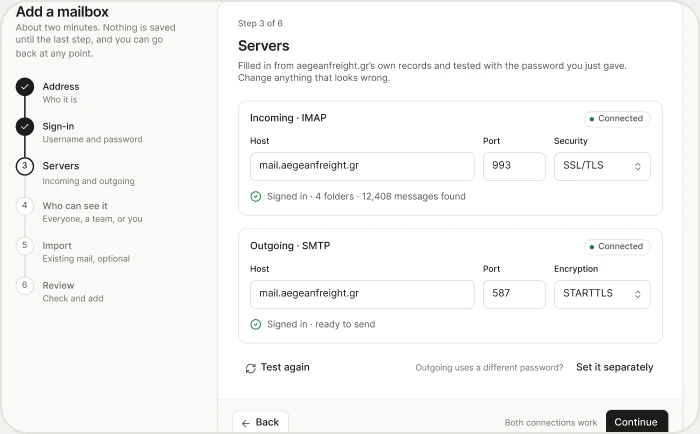 Adding a mailbox: the Servers step, with the IMAP and SMTP settings.