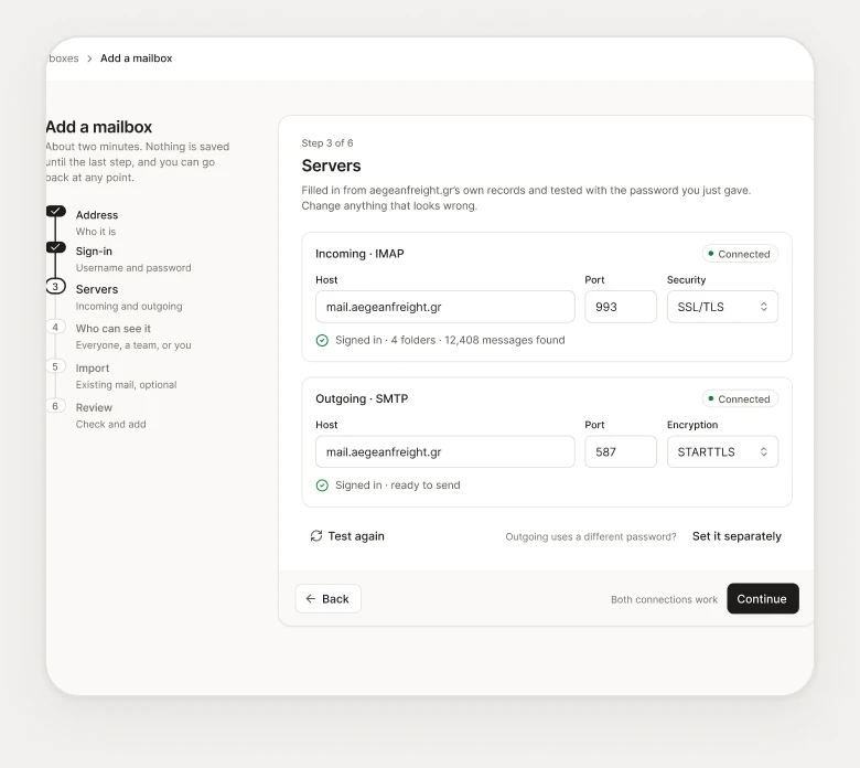 Adding a mailbox: the Servers step.