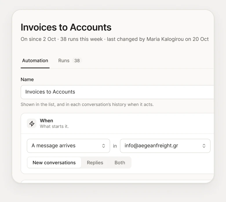 An automation in settings: when a message arrives in info@, if it is an invoice, give it to Accounts.