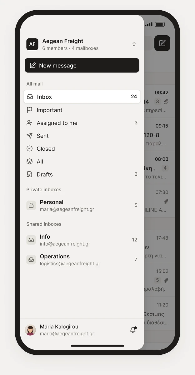 The inbox, with shared and private mailboxes in the sidebar.