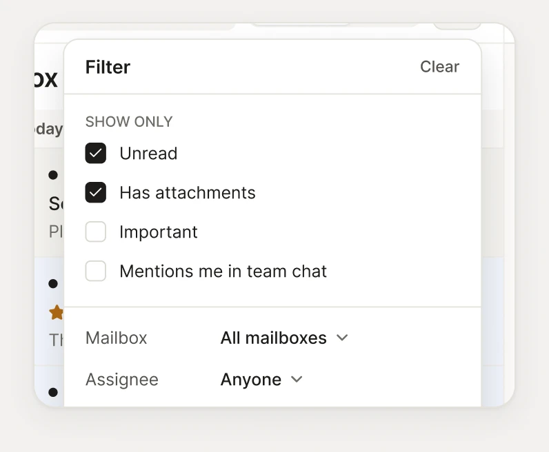 The Filter menu under Everyone or Mine: Unread and Has attachments ticked, with mailbox, assignee and sort below.
